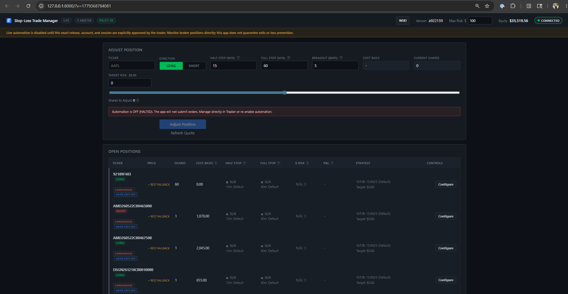 Trade manager execution dashboard